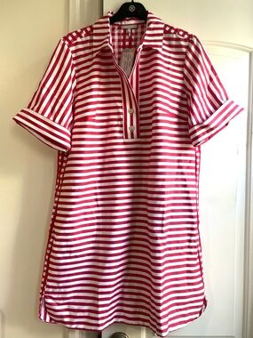 HINSON WU AILLEN Short Sleeve Buttons Back Shirt Dress Stripe Gingham in Guava L